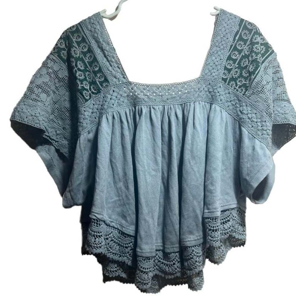 Free People Prairie Days Blue Embroidered Top Blouse - Picture 3 of 6